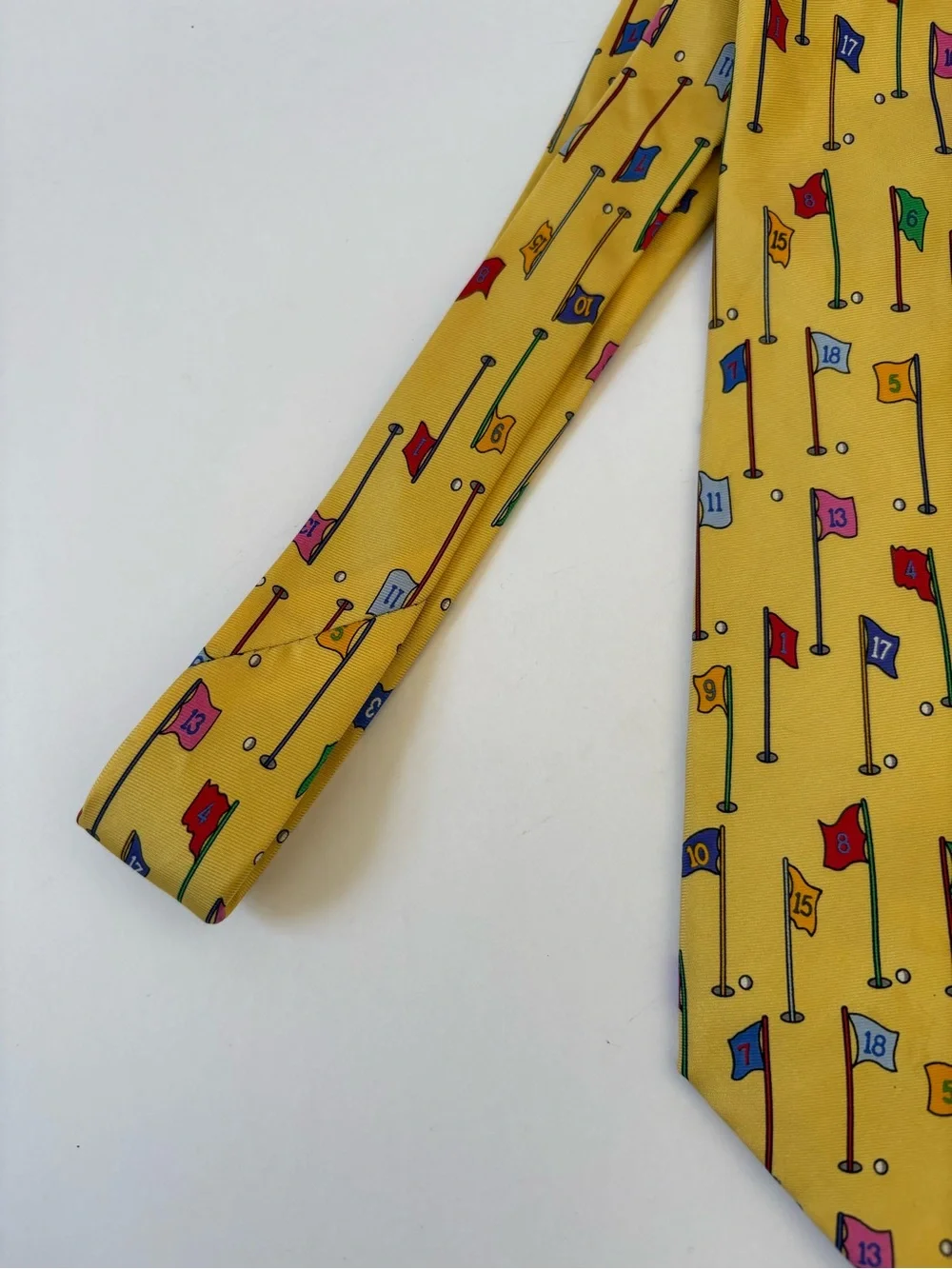 Alynn Neckwear Silk Tie Yellow 18 Hole Course Novelty Print HandMade Gag Golf